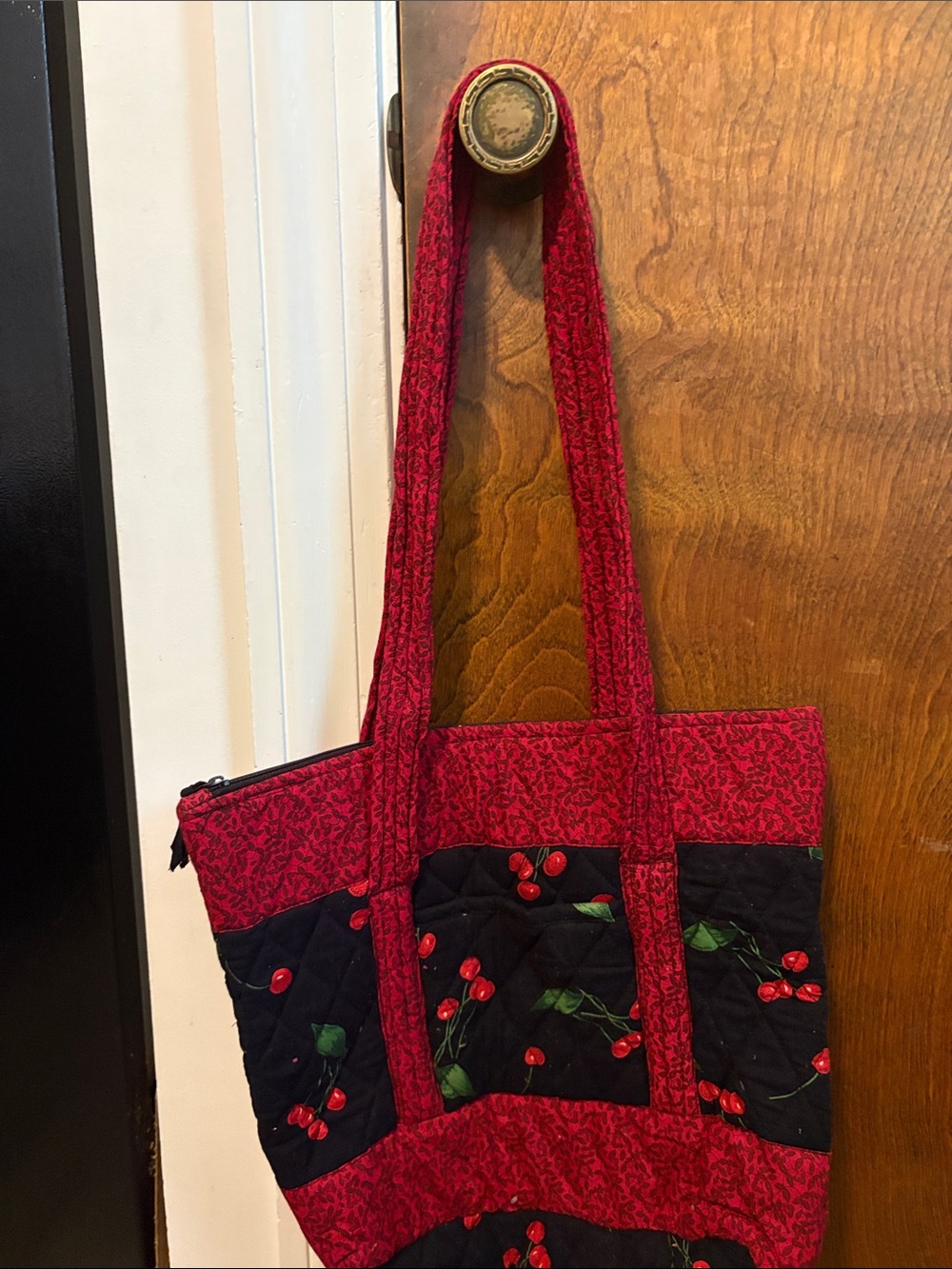 Quilted Cherry-Print Red and Black Tote